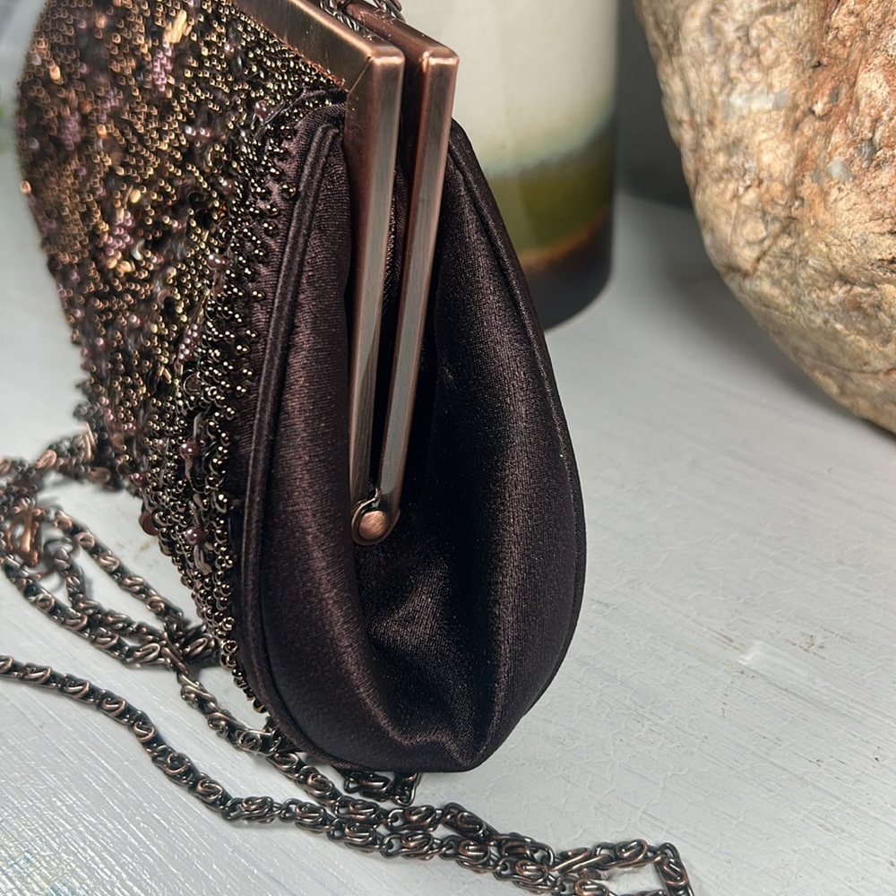 Carlo Fellini Beaded Kiss Lock Crossbody Clutch Wristlet 2 Chains Brown Copper - Picture 6 of 15